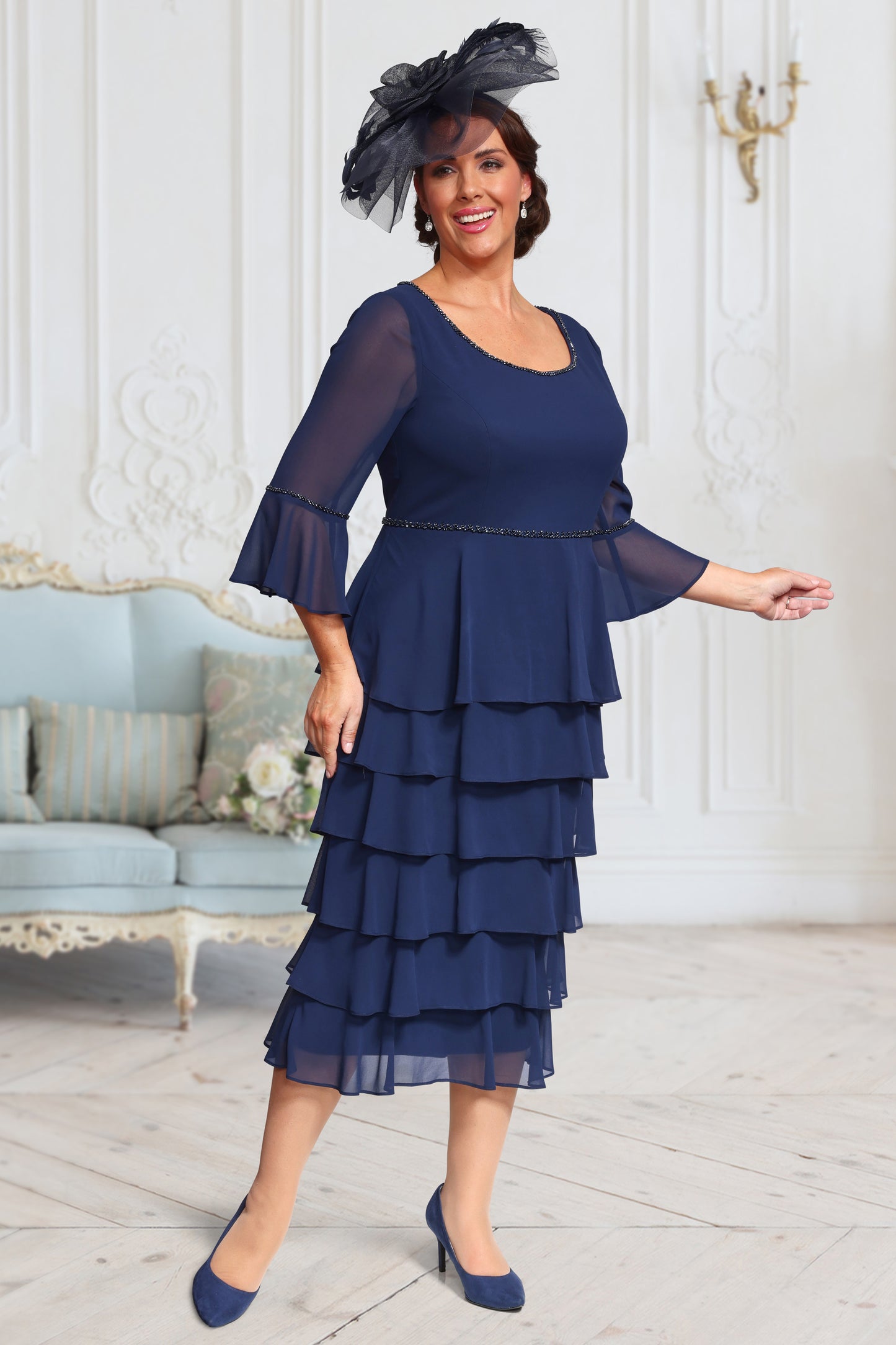 Dressed Up by Veromia Embellished Trim Layered Detail Dress - Navy - DU664G