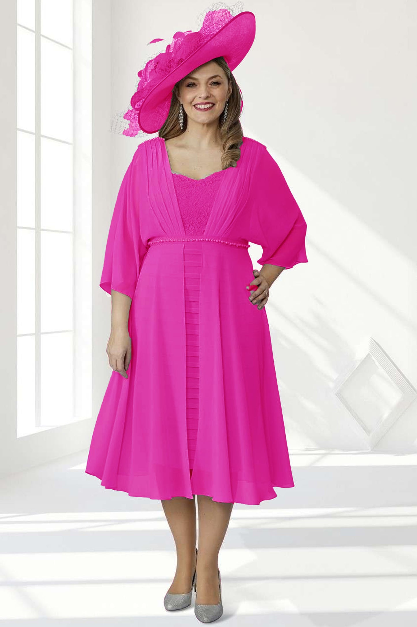 Dressed Up by Veromia Chiffon Overlay Lace Detail Dress Hot Pink DU488K