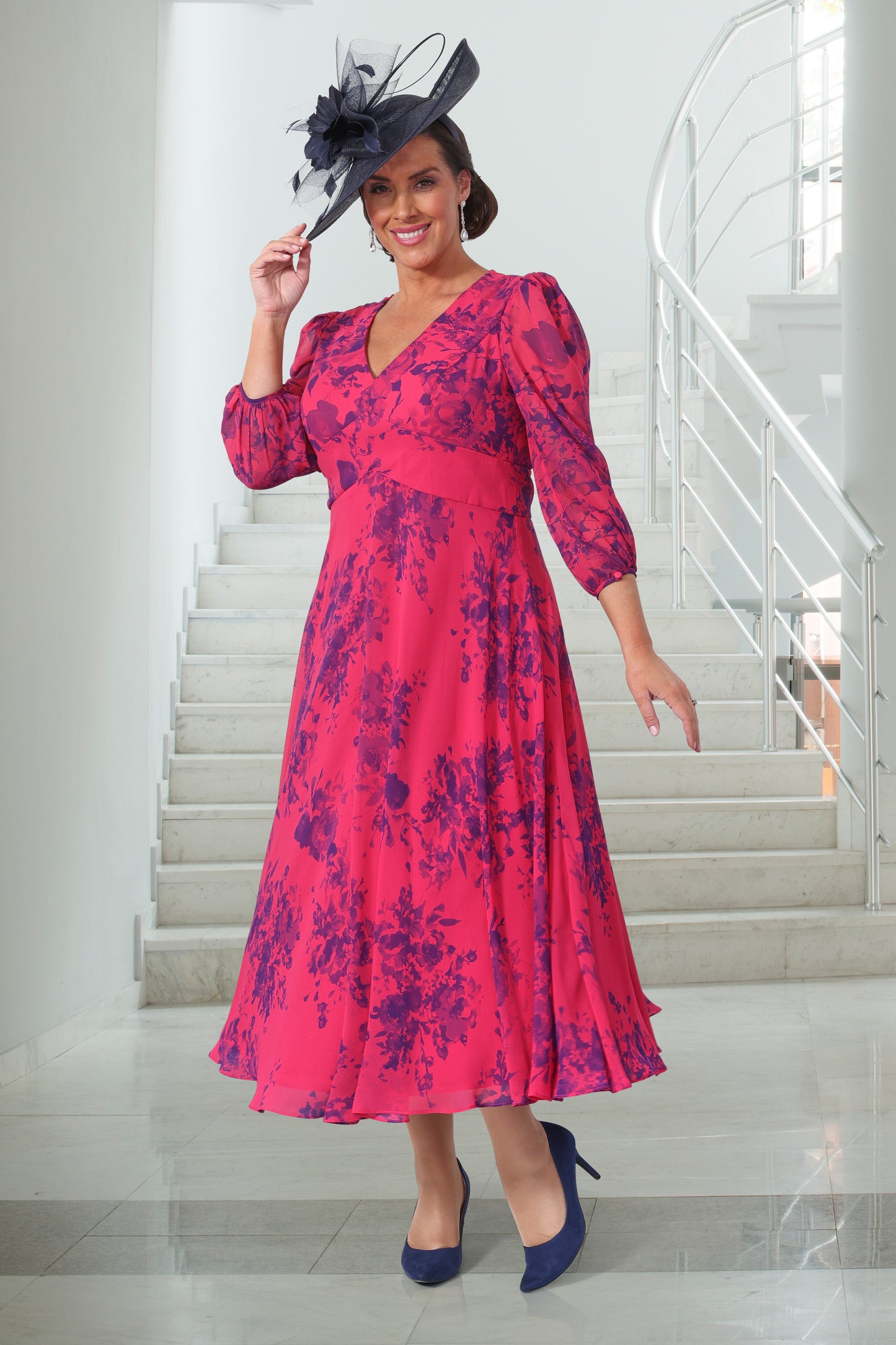 Dressed Up by Veromia Floral Puff Sleeved Dress - Fuchsia/Purple - DU593