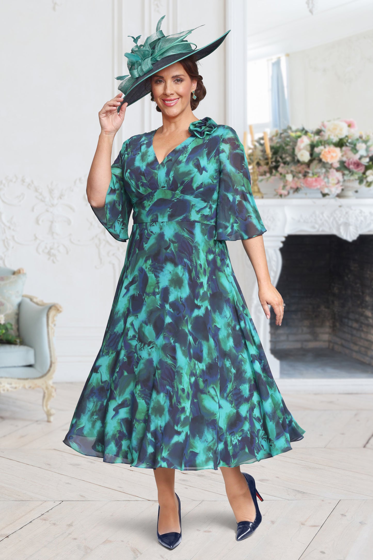 Dressed Up by Veromia Floral Chiffon Sleeve Dress - Navy/Aqua - DU675K