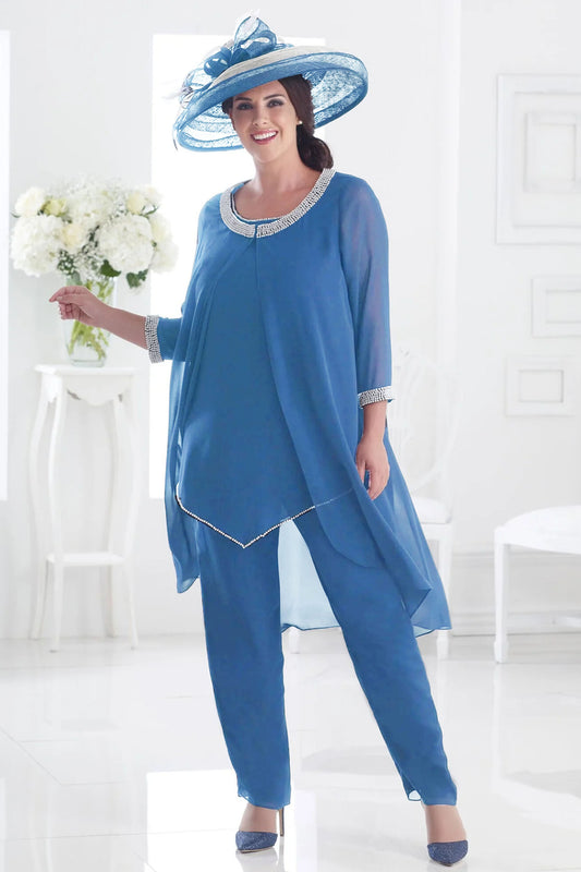 Dressed Up by Veromia Pearl Trim Chiffon 3pc Trouser Suit Cornflower DU278