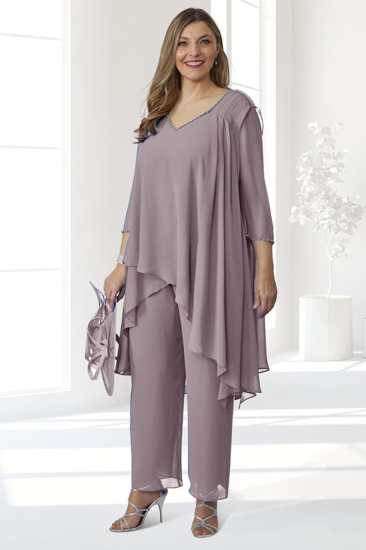 Dressed Up by Veromia Chiffon Overlay 2pc Trouser Suit - Dusty Rose - DU451