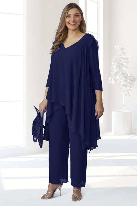 Dressed Up by Veromia Chiffon Overlay 2pc Trouser Suit - Navy - DU451
