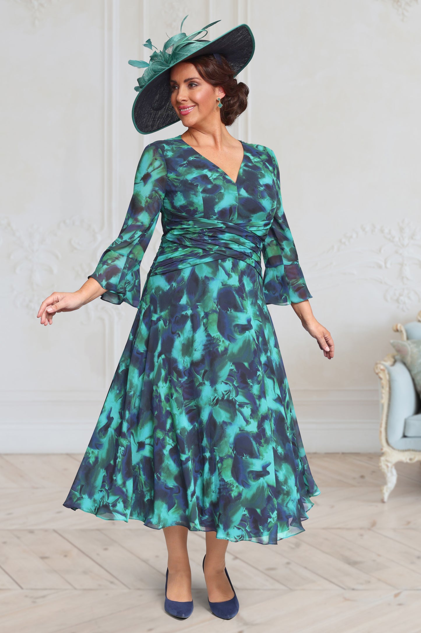 Dressed Up by Veromia Floral Chiffon Sleeve Dress - Navy/Aqua - DU675K
