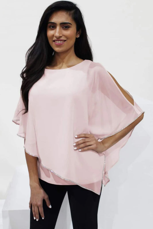 Frank Lyman Chiffon Cape Diamante Trim Top Blush 185420