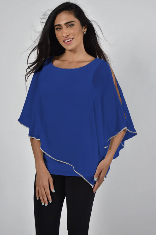 Frank Lyman Chiffon Cape Diamante Trim Top Royal 185420