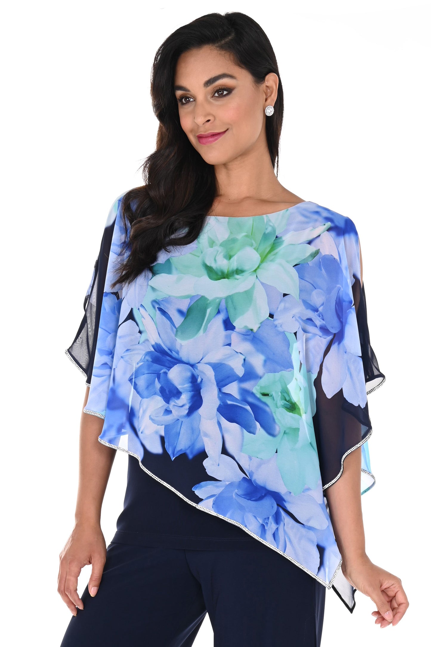 Frank Lyman Floral Print Chiffon Overlay Top Midnight/Green 248324