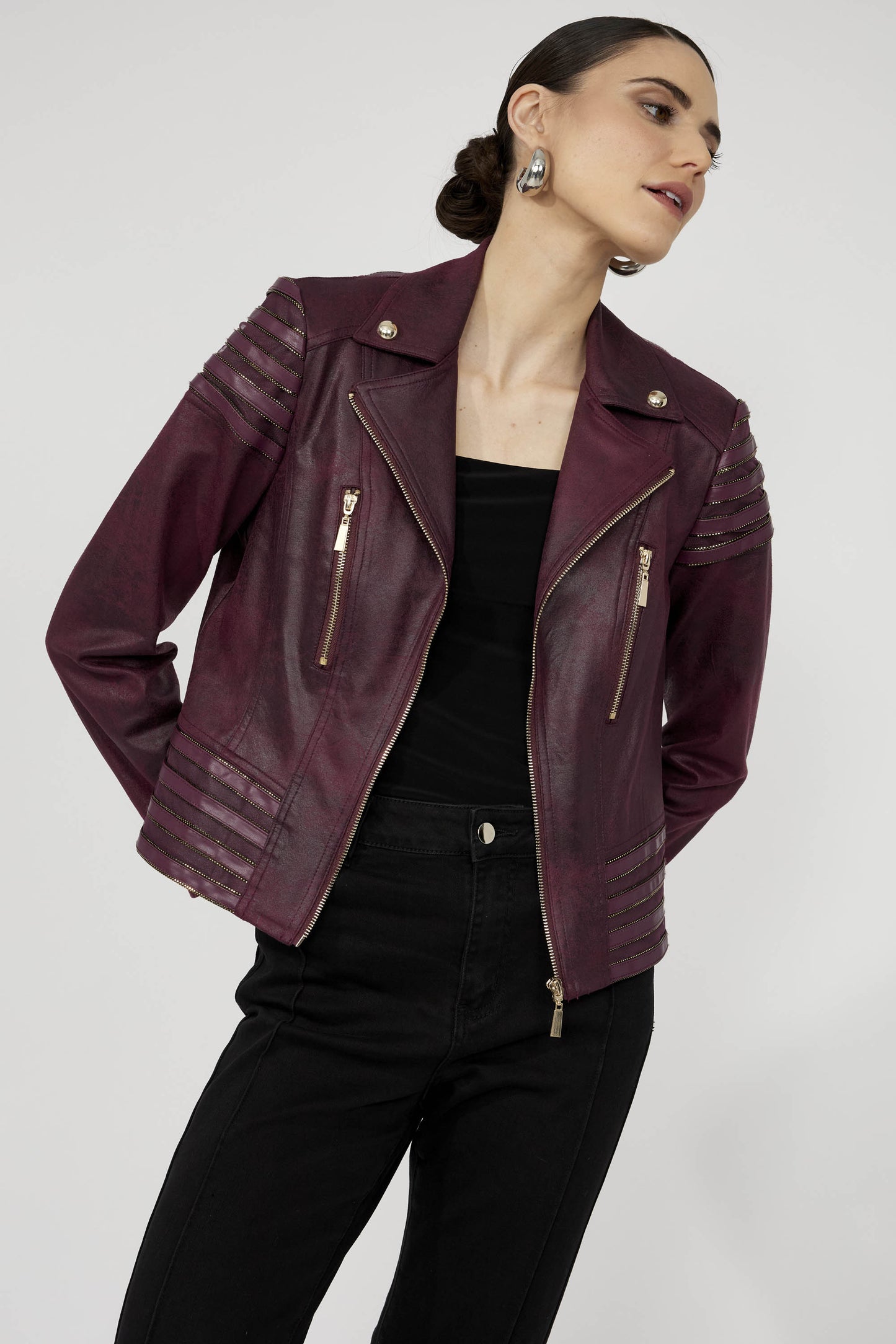 Frank Lyman Leather Stripe Detail Biker Jacket Plum 253817-319