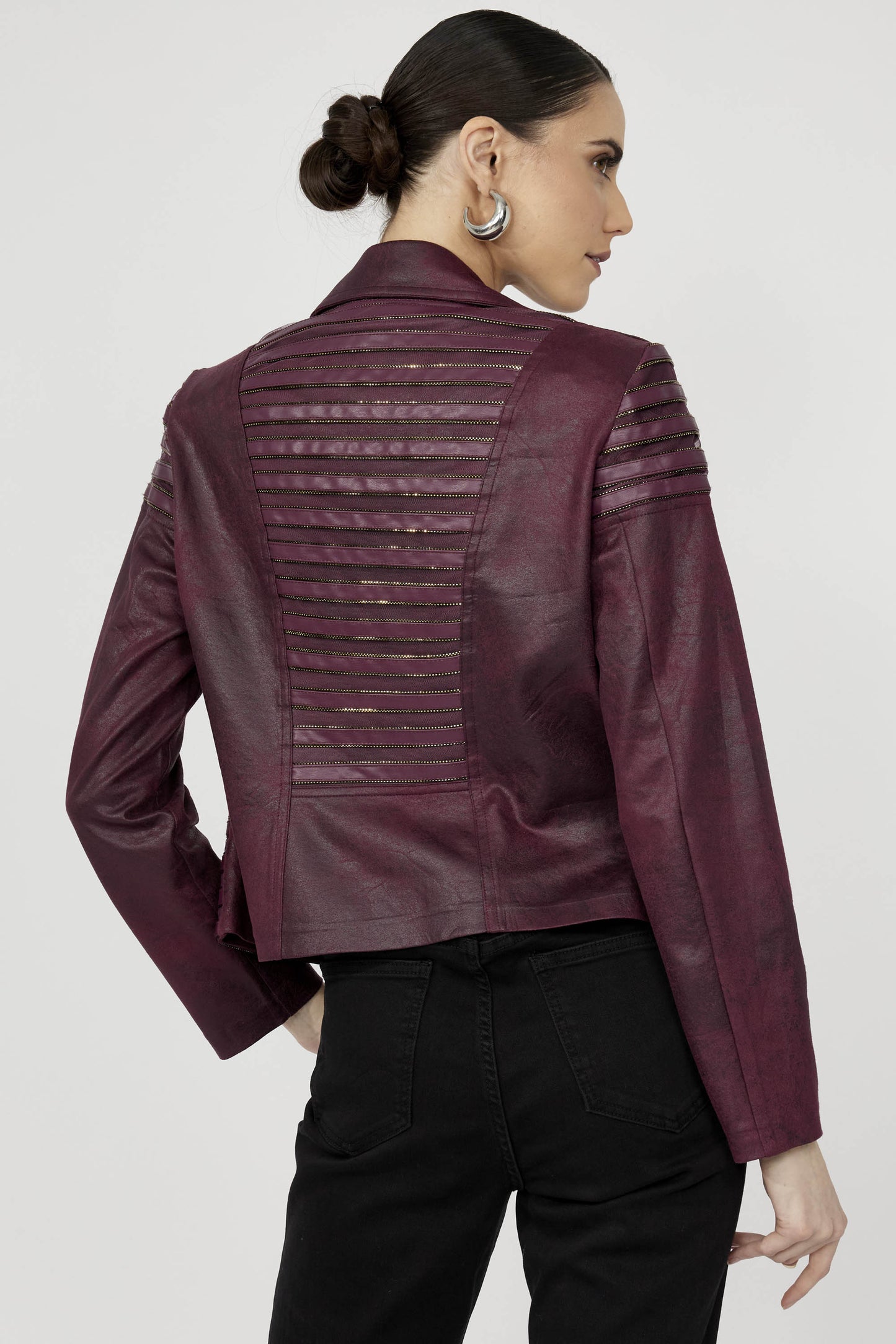Frank Lyman Leather Stripe Detail Biker Jacket Plum 253817-319