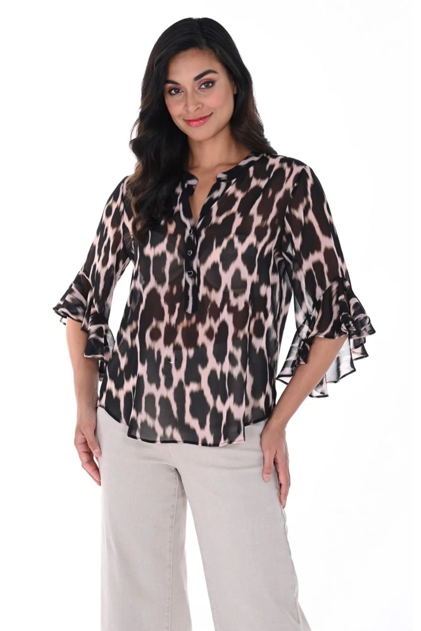 Frank Lyman Animal Print Bell Sleeve Blouse Black/Blush 246351