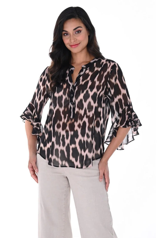 Frank Lyman Animal Print Bell Sleeve Blouse Black/Blush 246351