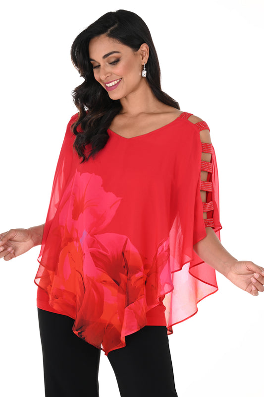 Frank Lyman Floral Print Chiffon Overlay Top Red/Fuchsia 248157