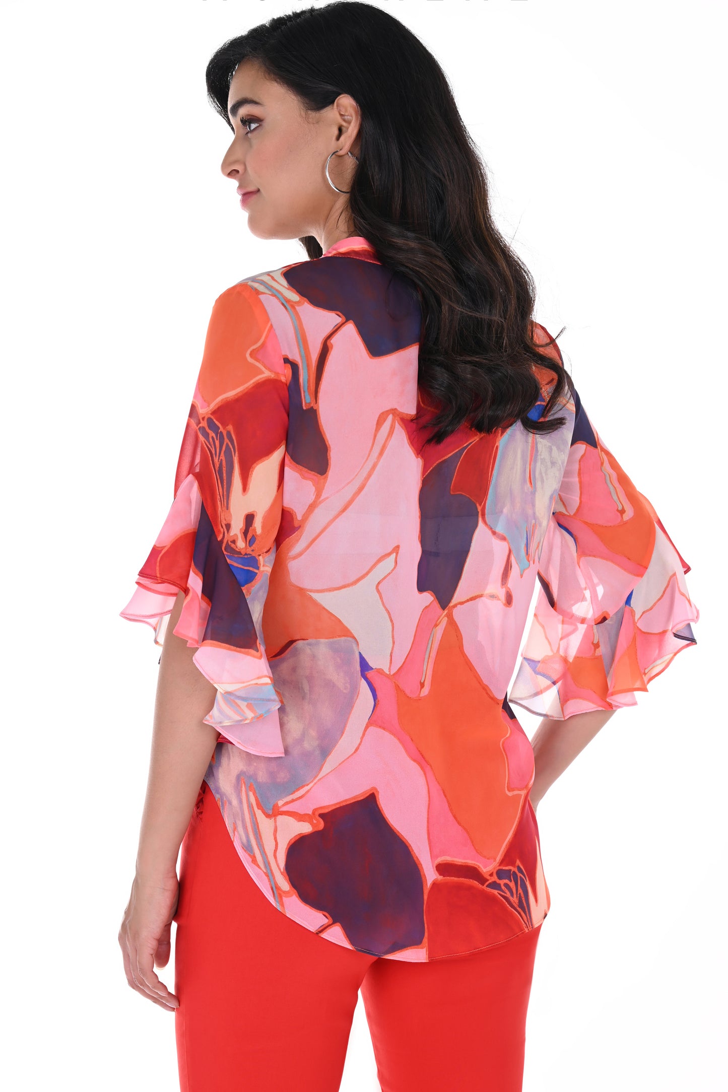 Frank Lyman Abstract Print Button Detail Top Orange/Pink 246140