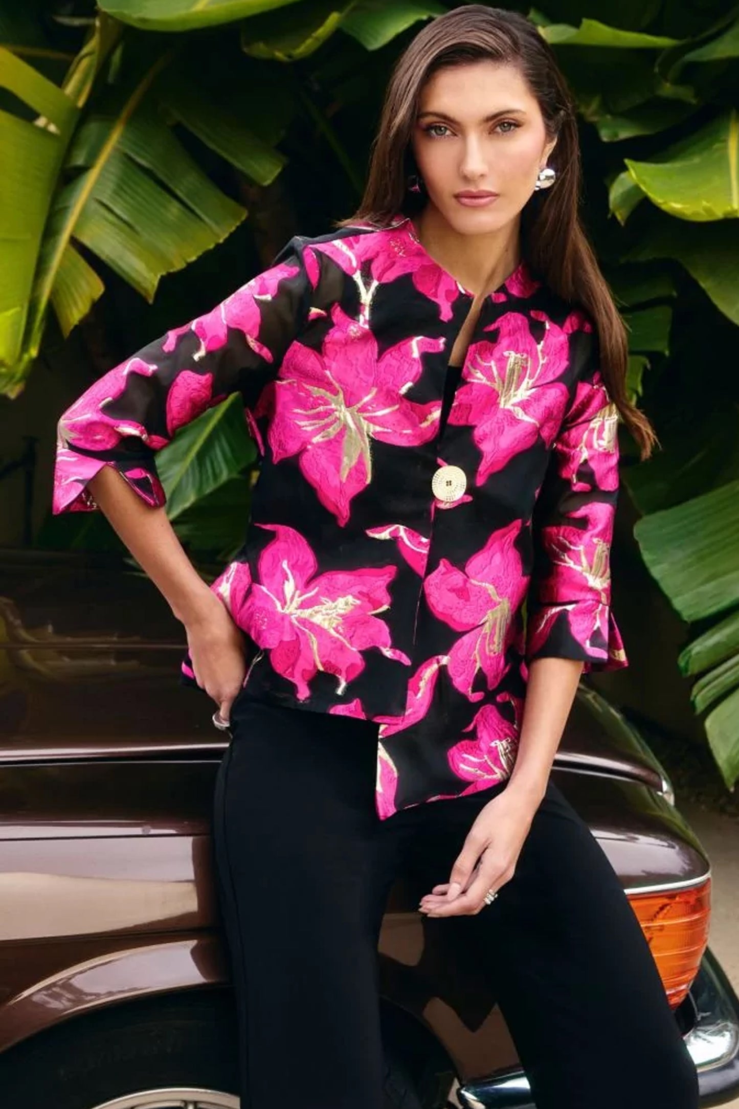 Frank Lyman Floral Print Swing Jacket Fuchsia/Black 249247-1057
