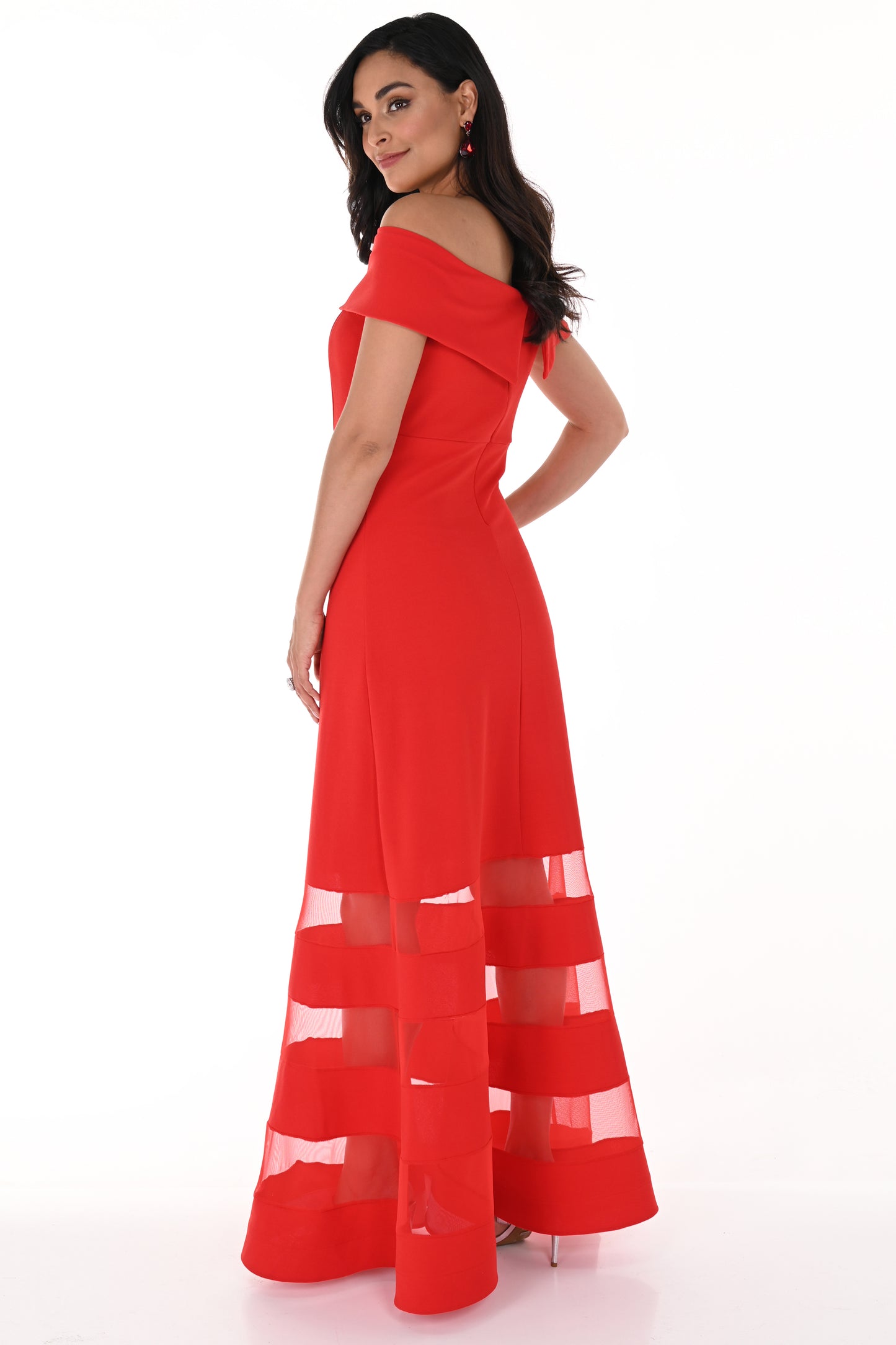 Frank Lyman Mesh Panel Off The Shoulder Gown - Valentine Red - 248126