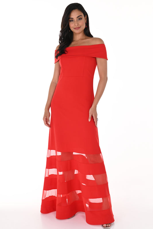 Frank Lyman Mesh Panel Off The Shoulder Gown - Valentine Red - 248126