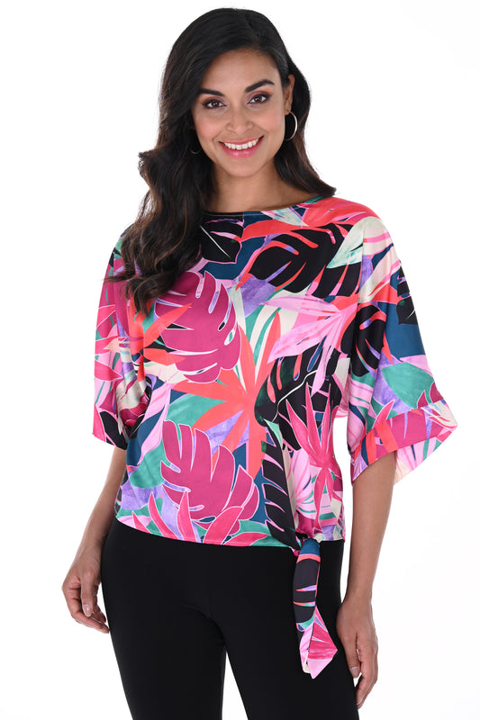 Frank Lyman Palm Print Silky Tie Hem Top Multi 246149