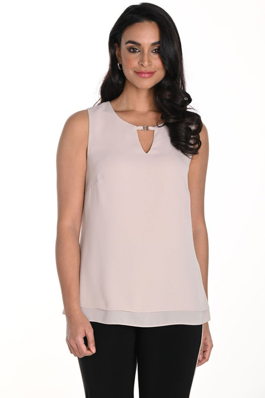 Frank Lyman Woven Top with Keyhole Detail Oatmeal 243252