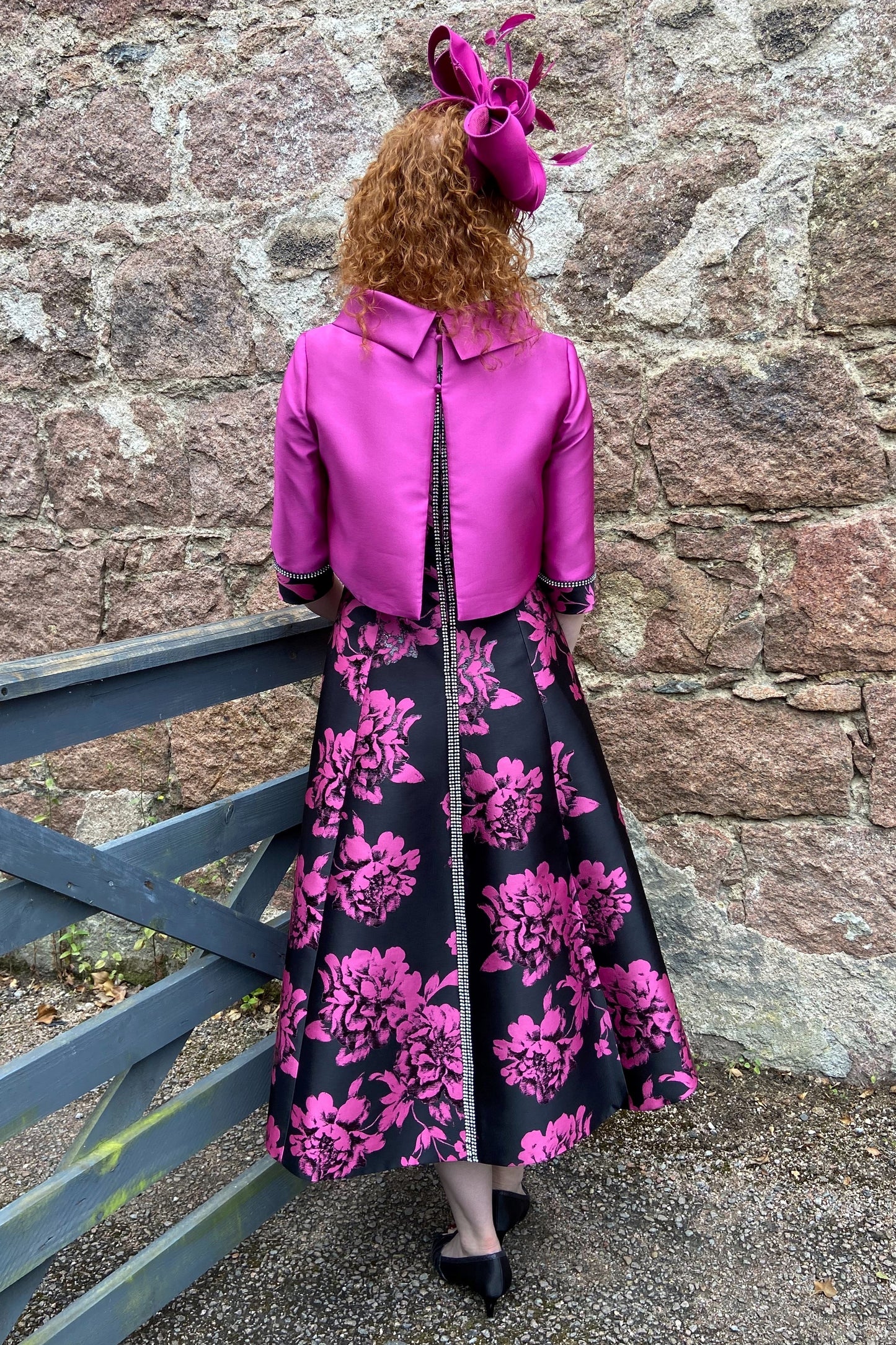 Gabriela Sanchez Floral Print A Line Reverse Jacket & Dress - Fuchsia/Black - 7466