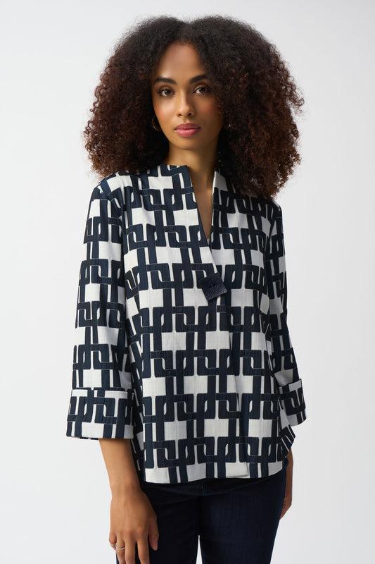 Joseph Ribkoff Geo Jacquard Trapeze Top Off White/Navy 251000-4252