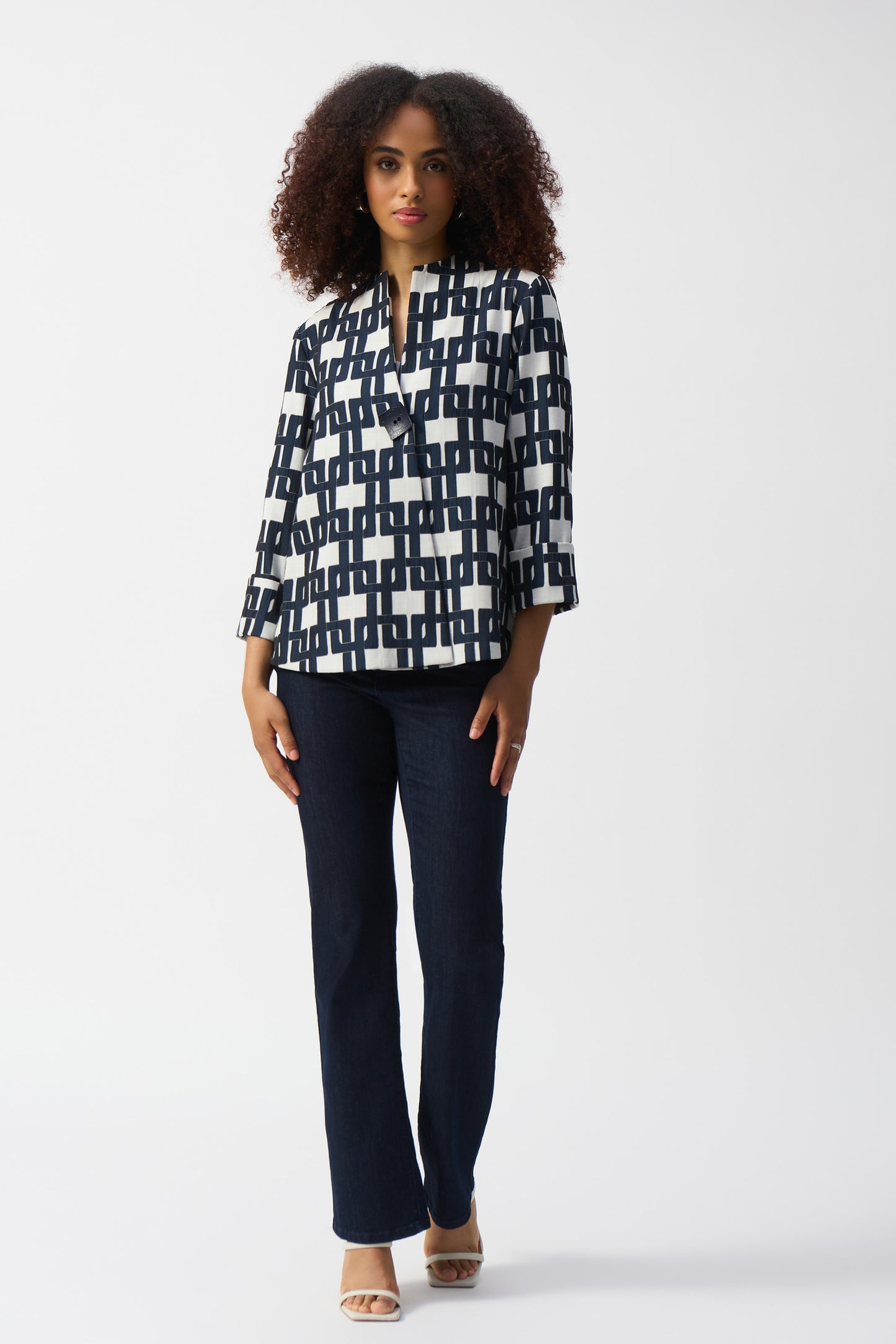 Joseph Ribkoff Geo Jacquard Trapeze Top Off White/Navy 251000-4252
