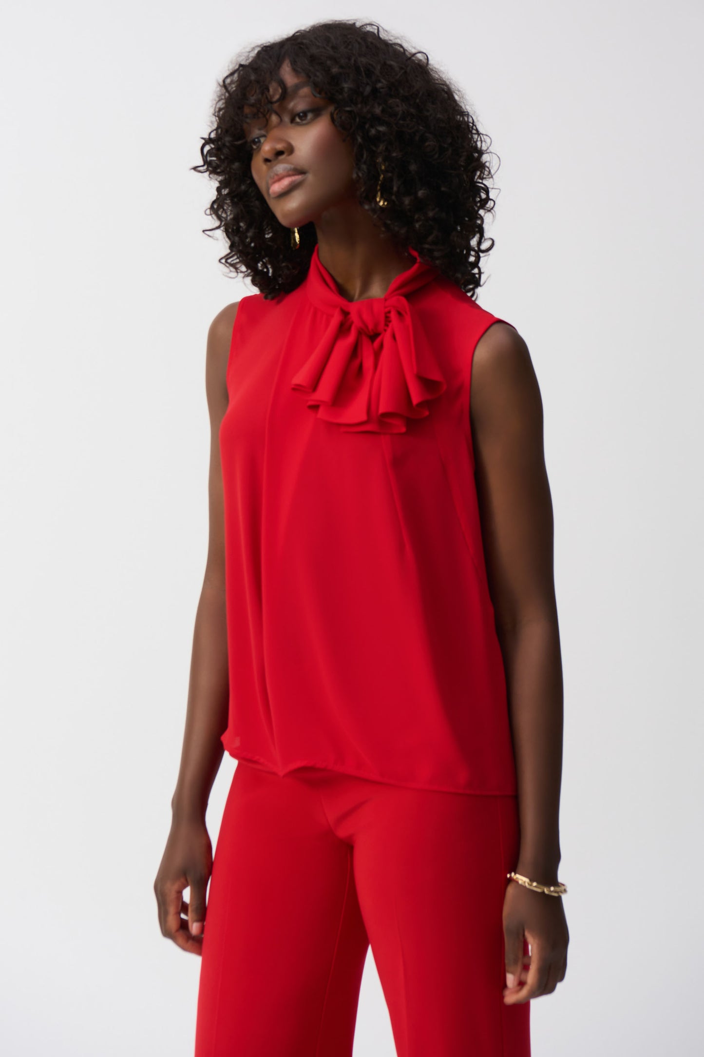 Joseph Ribkoff Georgette Sleeveless Top With Bow Collar Radiant Red 251115-4209