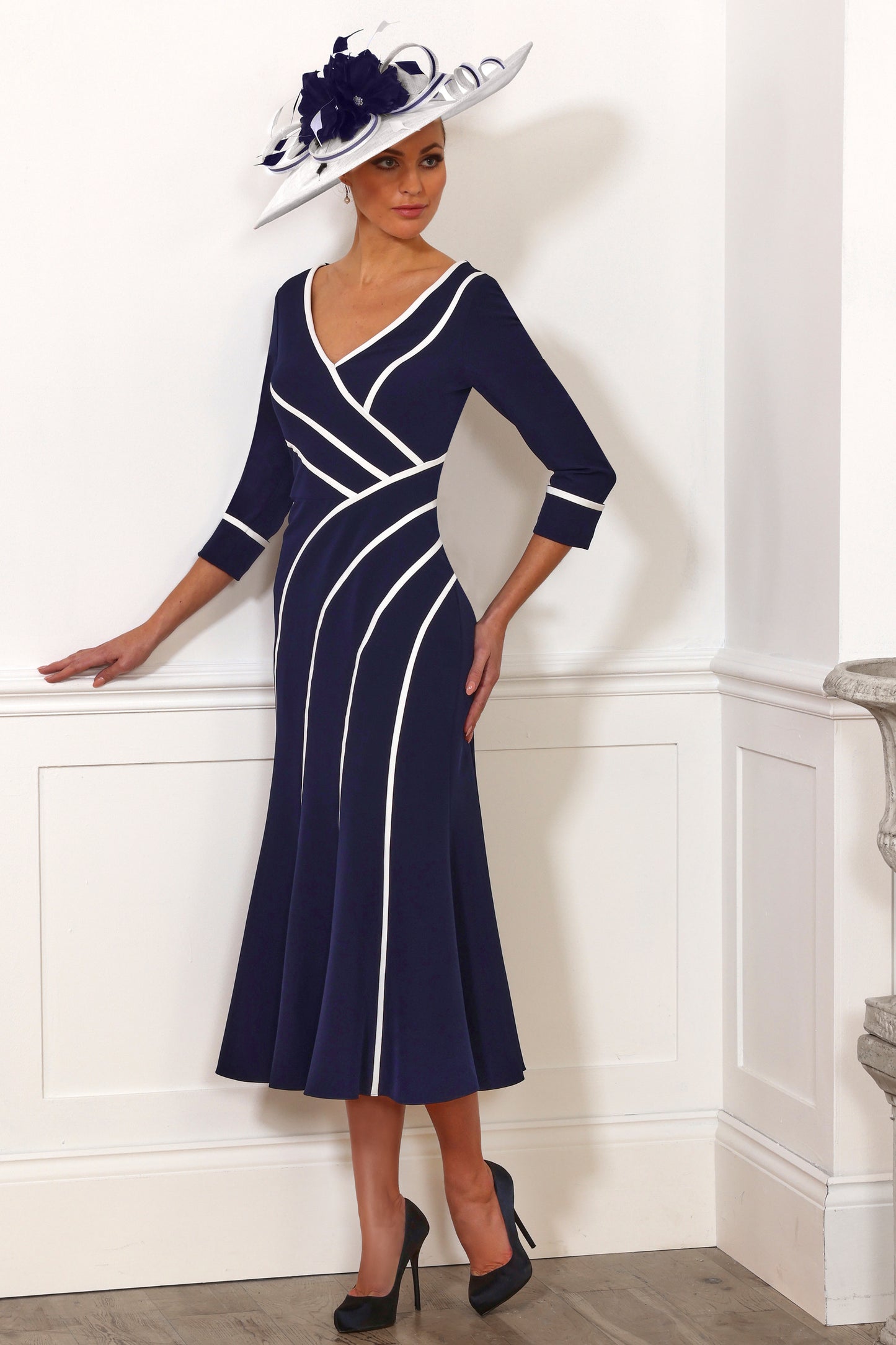 Irresistible Piped Detail Fit 'n' Flare Dress Navy/ Ivory IR7538TJ