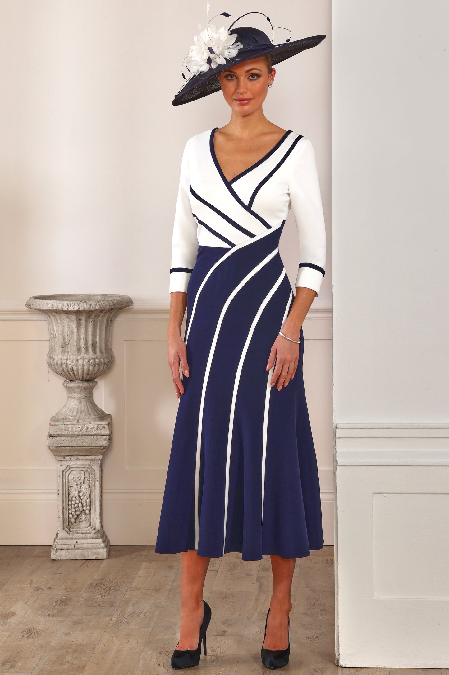 Irresistible Piped Detail Fit 'n' Flare Dress Ivory/Navy IR7539TJ