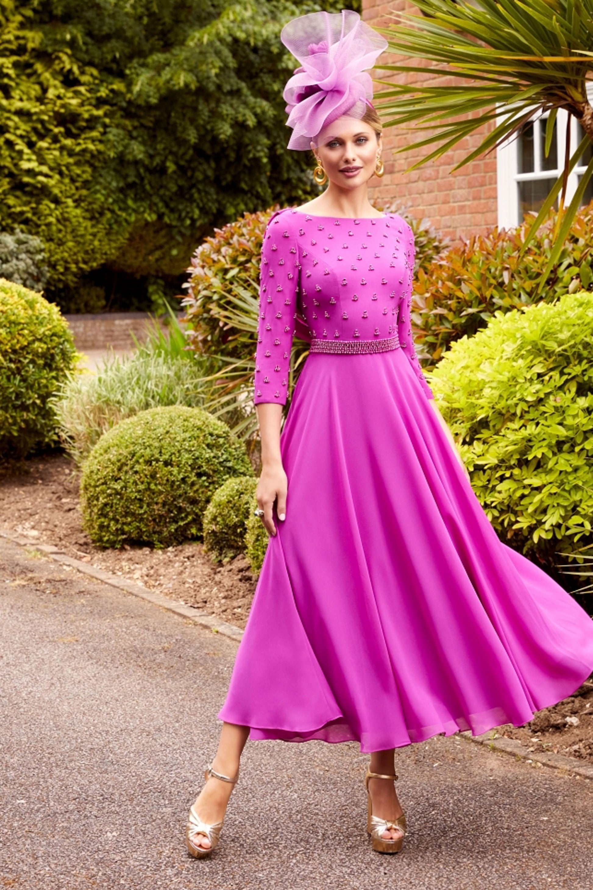 Invitations by Veni Beaded A-Line Midi Dress Magenta 29825