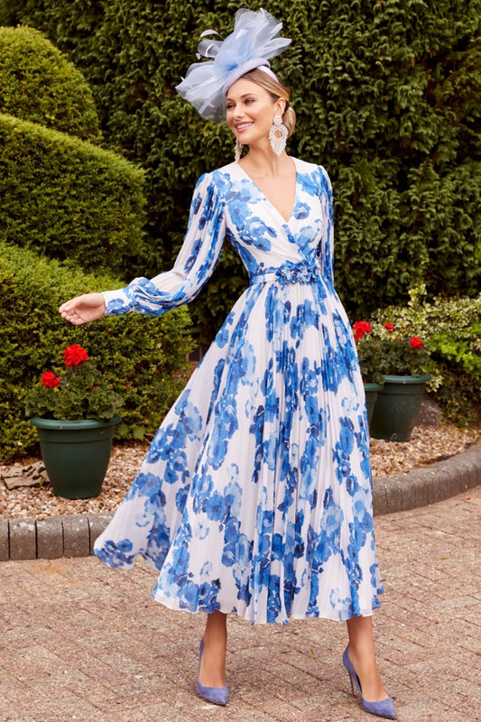 Invitations by Veni Floral Print V-Neck Dress - Blue/Ivory - 29806