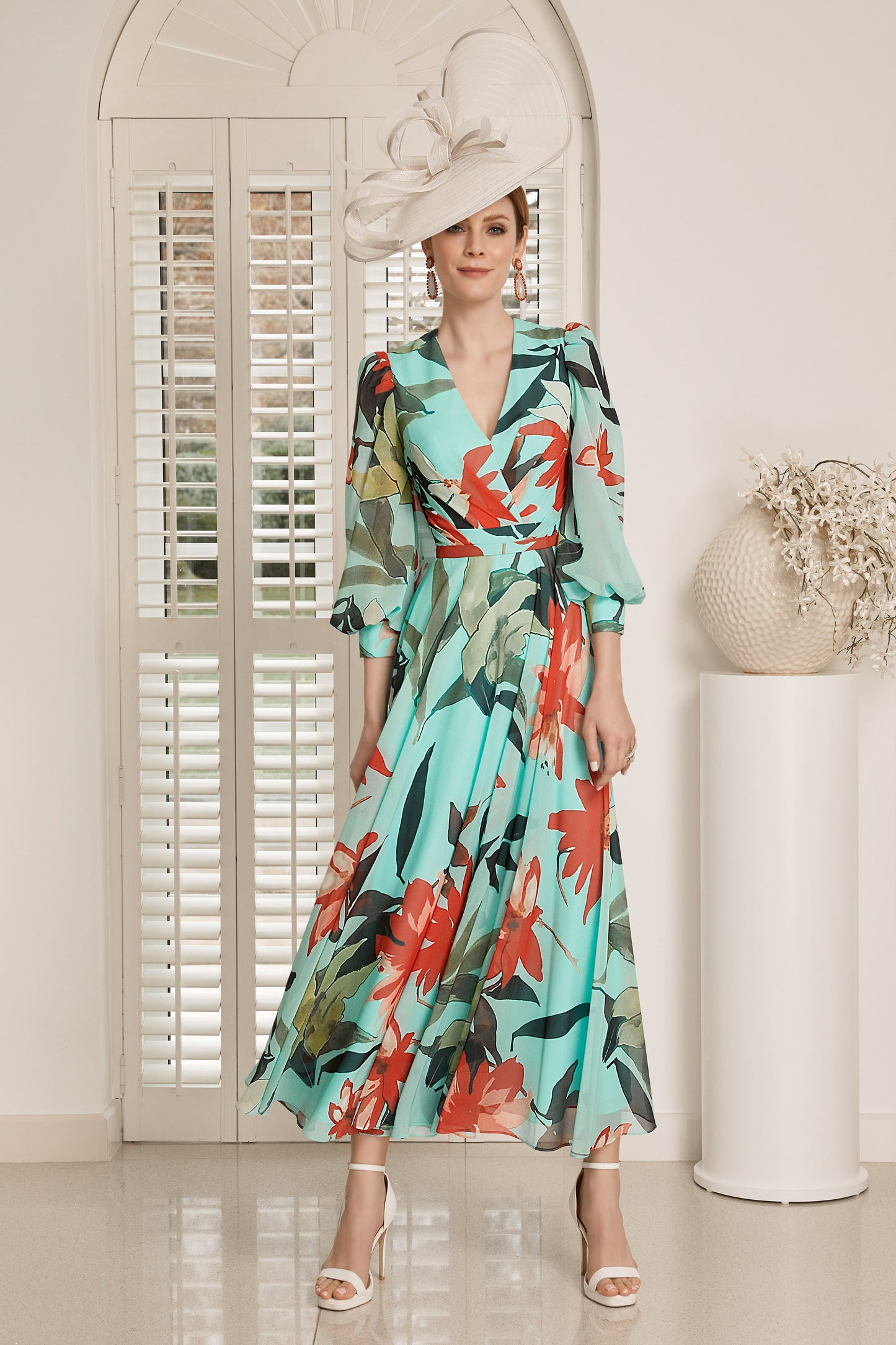 Invitations by Veni Floral Print Chiffon Dress Turquoise/Green/Navy 29869A