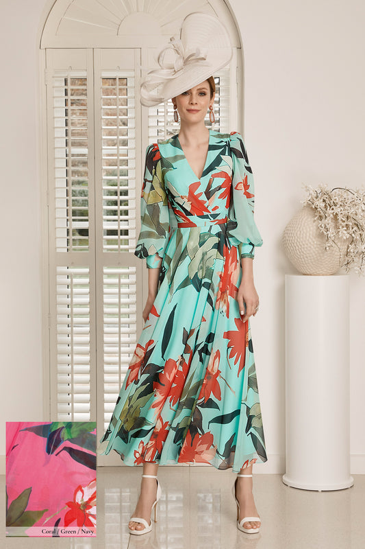 Invitations by Veni Floral Print Chiffon Dress Coral/Green/Navy 29869A