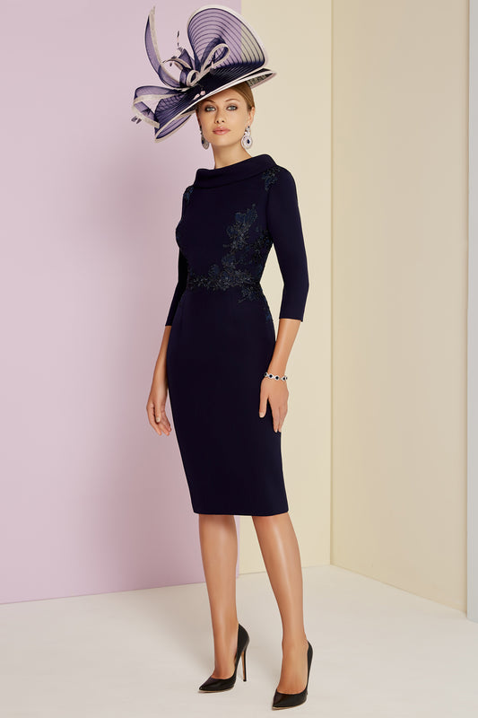 Invitations by Veni Cowl Neck Embroidered Detail Dress Navy 29344