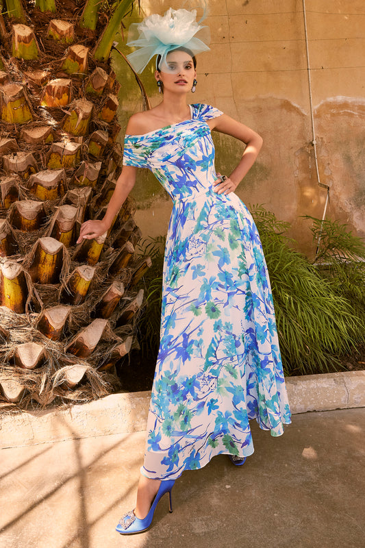 Invitations by Veni Floral Off The Shoulder Print Dress Azul 36030