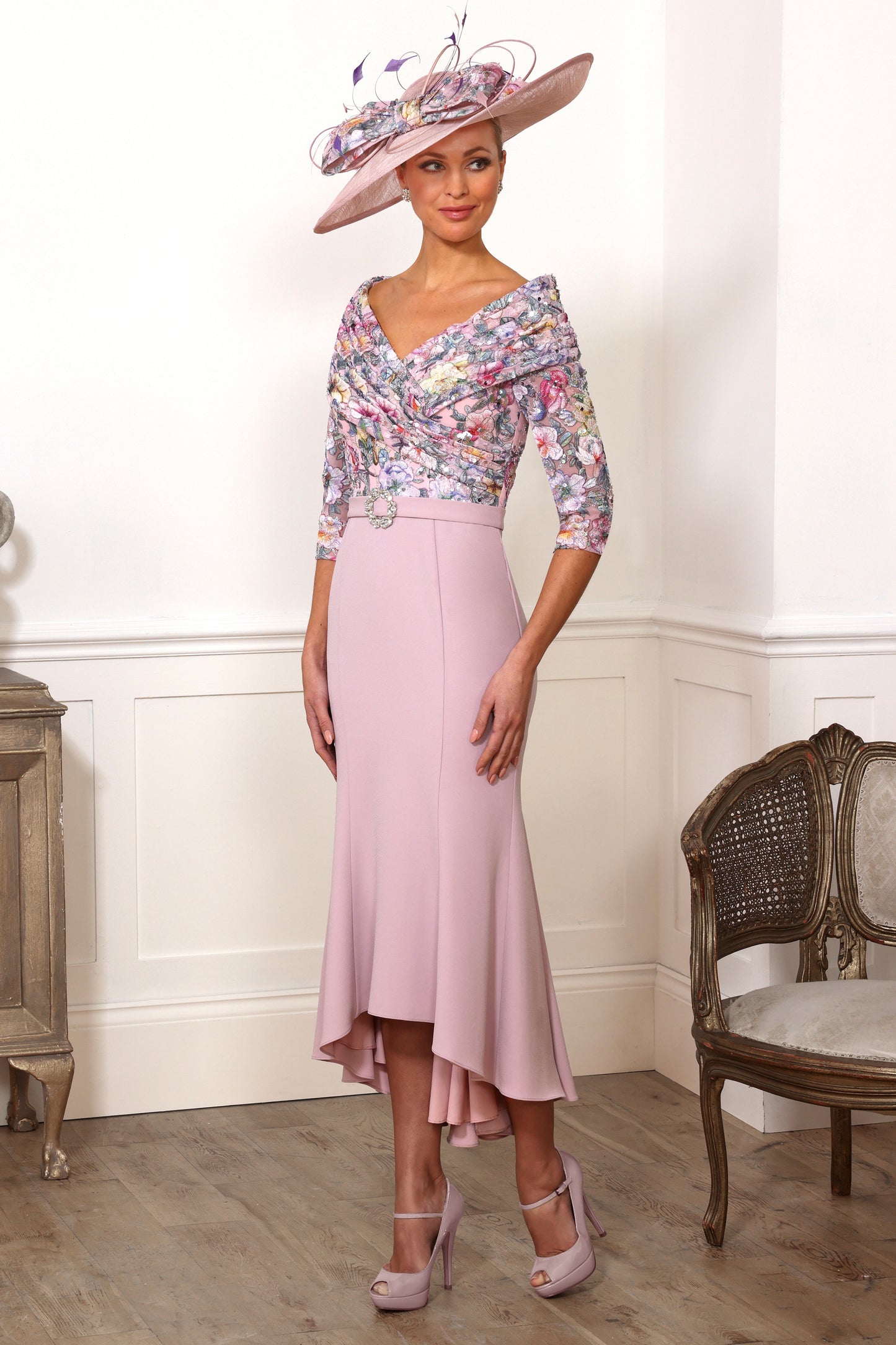 Irresistible Floral & Sequin Detail Bardot Neckline Dress Petal Pink IR7533E