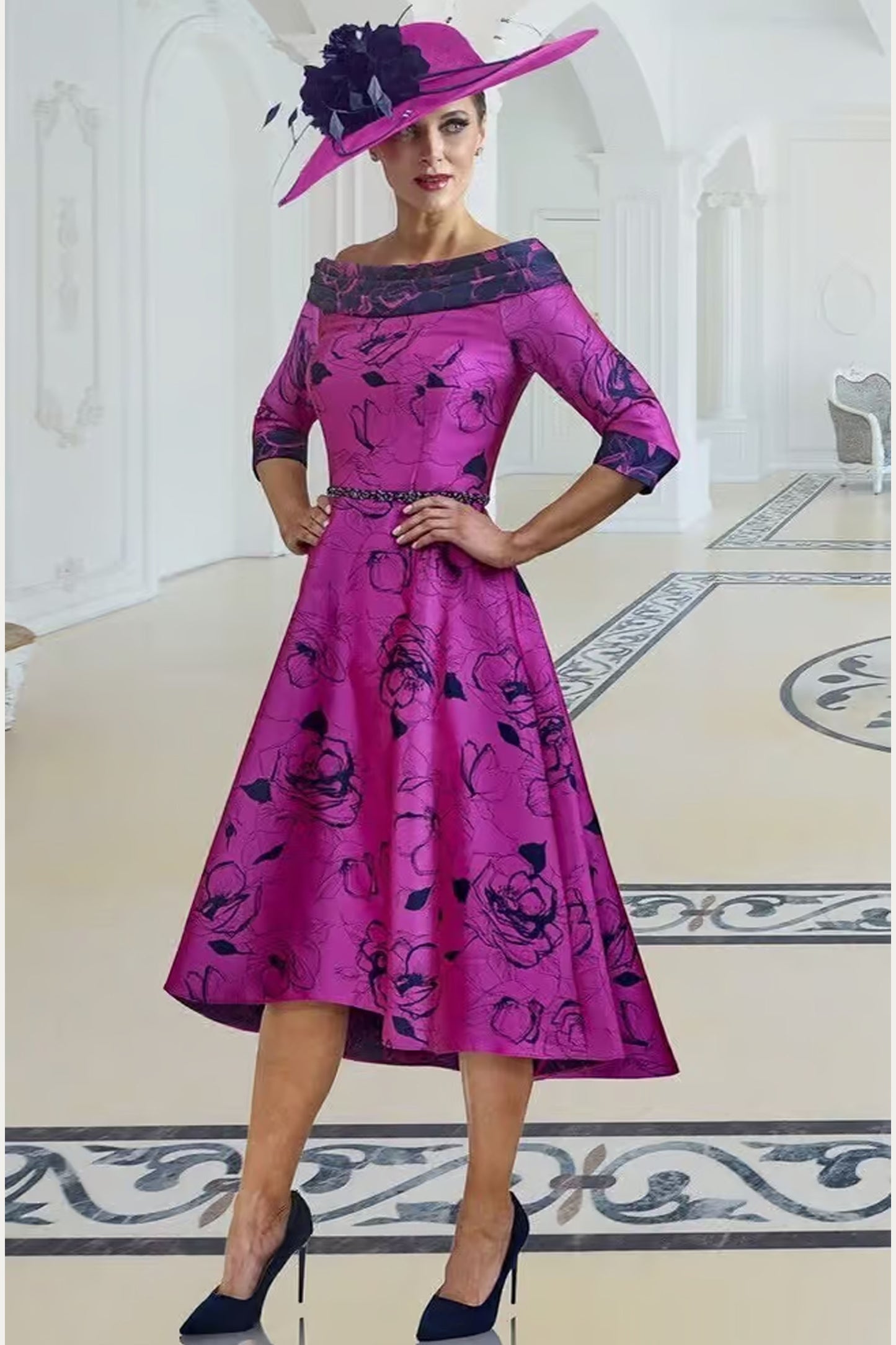 Irresistible Dipped Hem Print Dress Fuchsia/Navy IR7152K