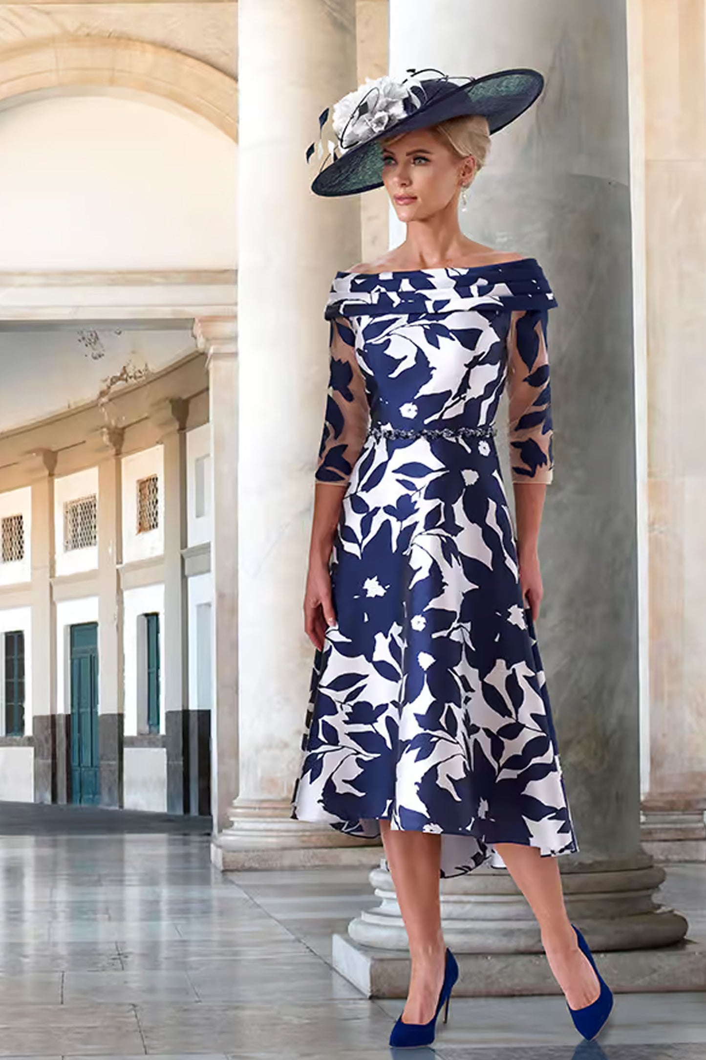 Irresistible Off The Shoulder Floral Detail Dress Navy/Silver IR4053