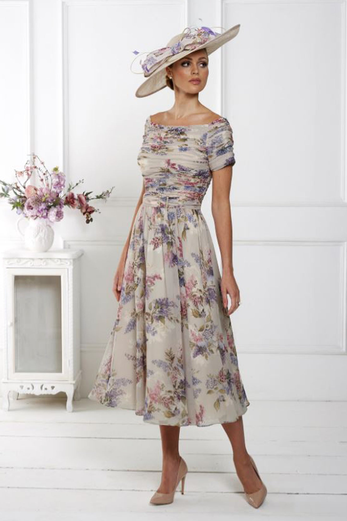 Irresistible Floral Print Pearl Detail Dress Ivory/Wisteria IR7407K