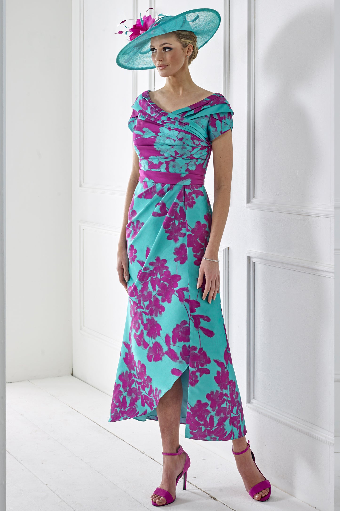 Irresistible Floral Pleat Detail Dress Aqua/Fuchsia IR7312K