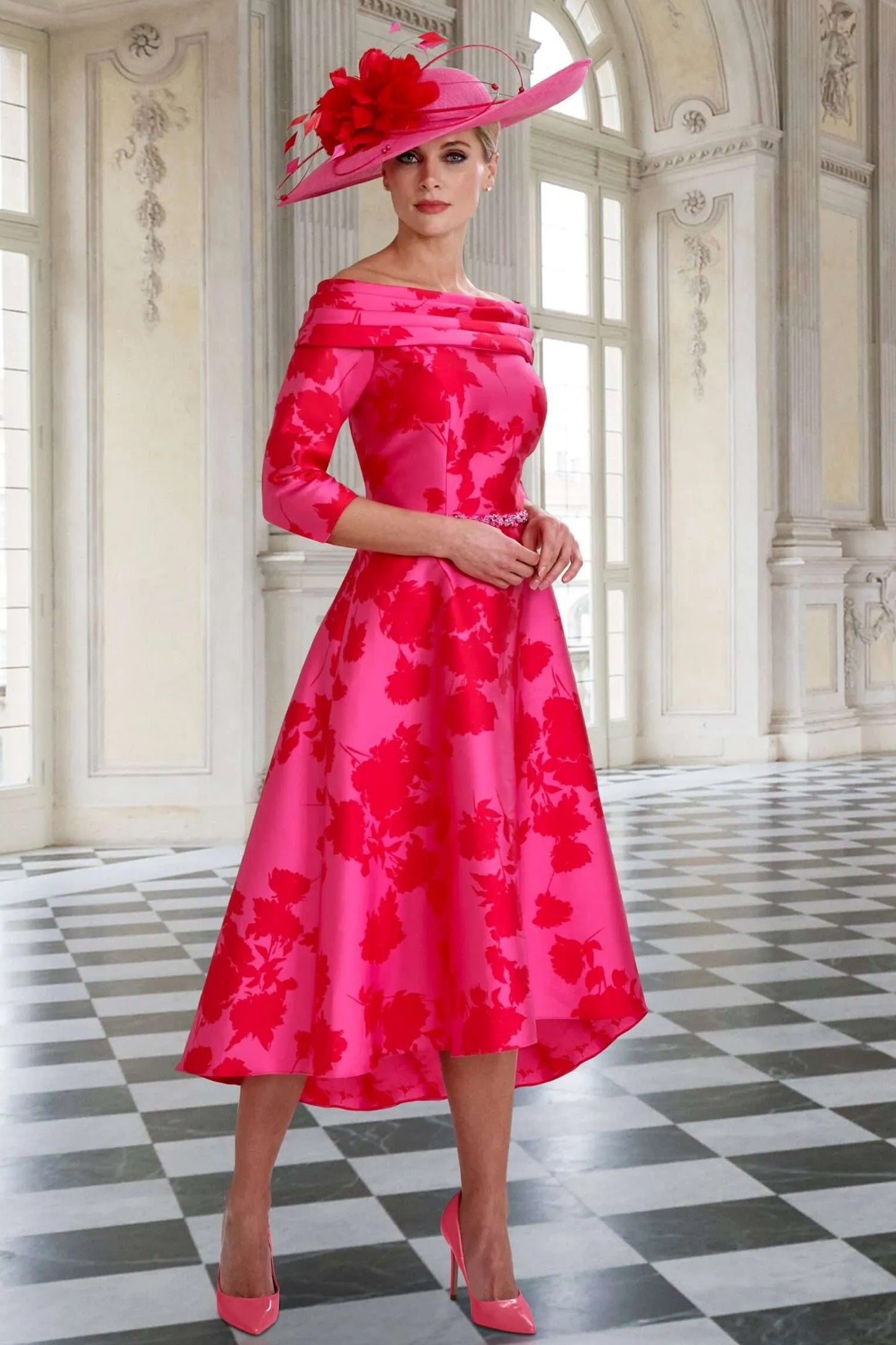 Irresistible by Veromia Dipped Hem Floral Print Dress Pink/Red IR7135S