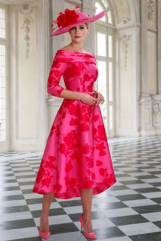 Irresistible by Veromia Dipped Hem Floral Print Dress Pink/Red IR7135S
