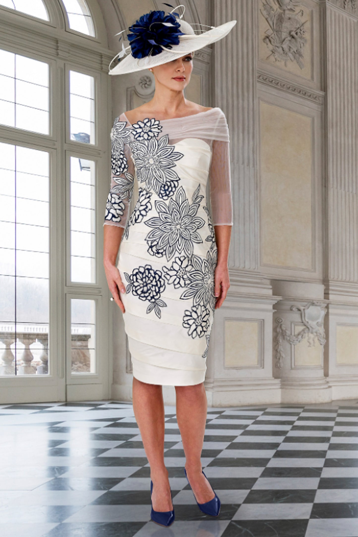 Irresistible Floral Applique Dress Ivory/Navy IR7114