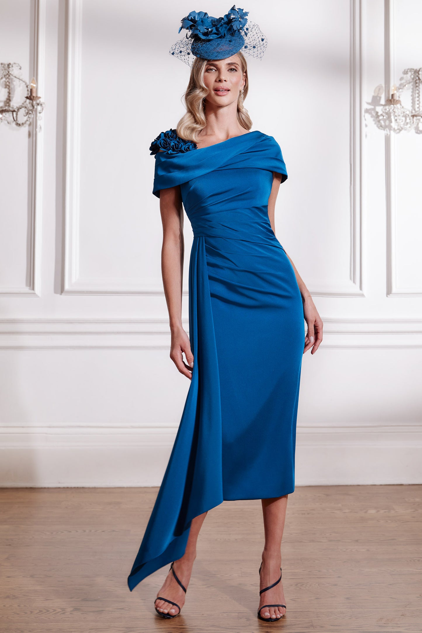 John Charles London Draped Midi Dress With Floral Cut Work - Teal - 29291