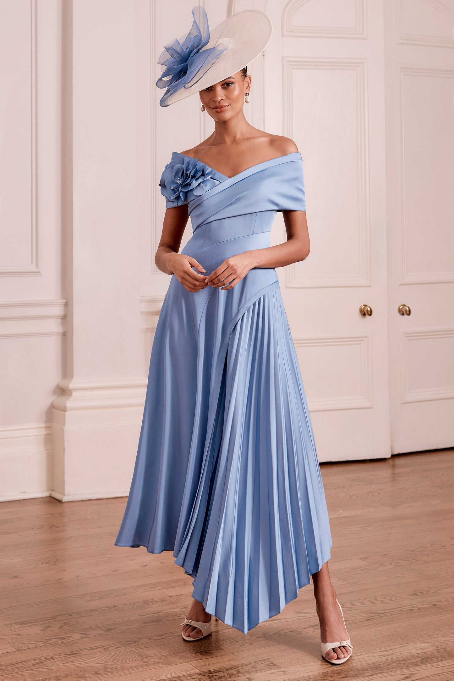 John Charles Bardot Midi Dress with Floral Collar Cornflower 29371