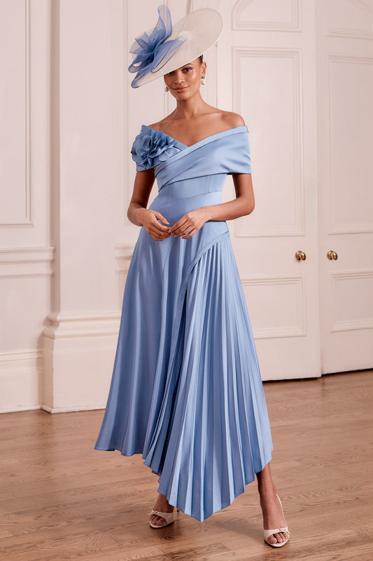 John Charles Bardot Midi Dress with Floral Collar Cornflower 29371