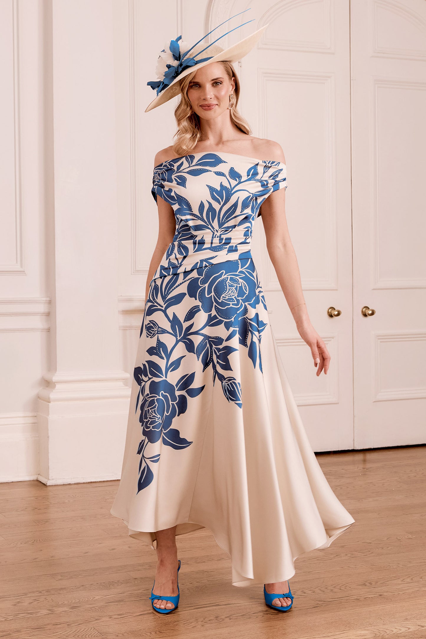 John Charles Printed Off-Shoulder Pleated Midi Dress Teal/Ecru 66780A