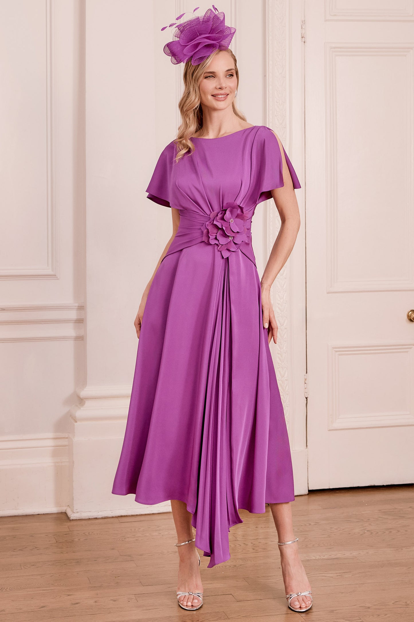 John Charles Draped Midi Dress with Applique Floral Detail Violet 66782A