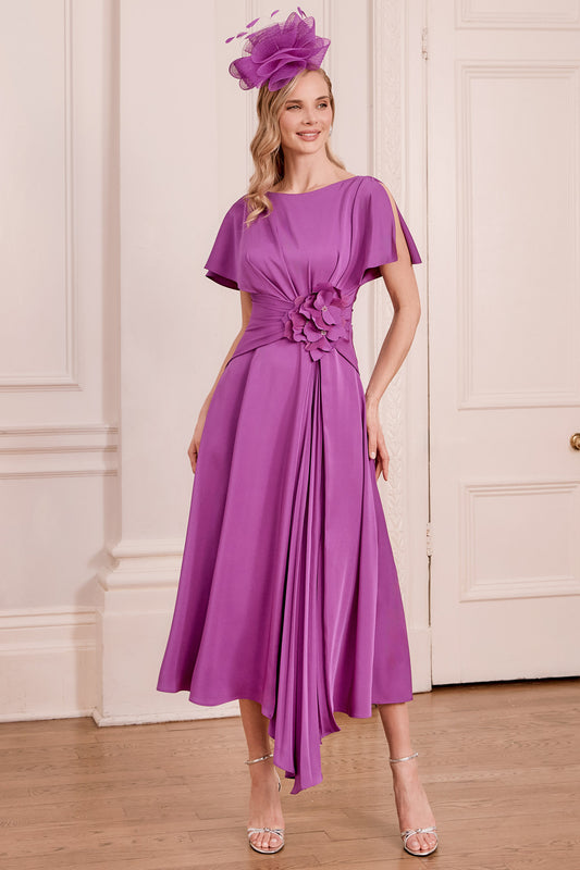 John Charles Draped Midi Dress with Applique Floral Detail Violet 66782A