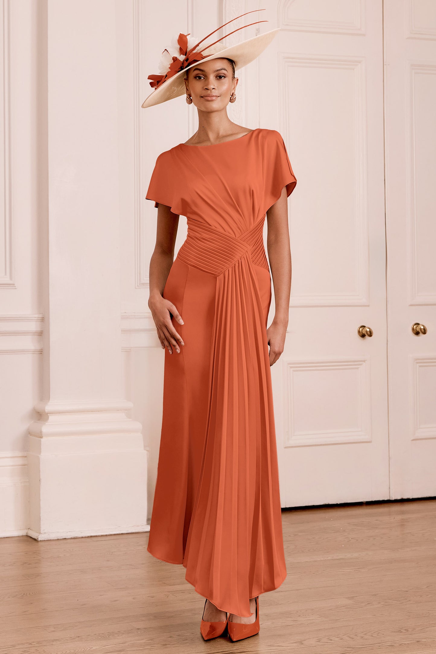 John Charles Draped Asymmetric Hem Midi Dress Terracotta 66783