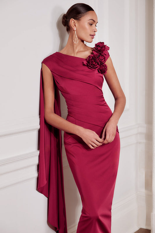 John Charles London Cape Sleeve Midi Dress With Floral Detail - Bordeaux - 29278